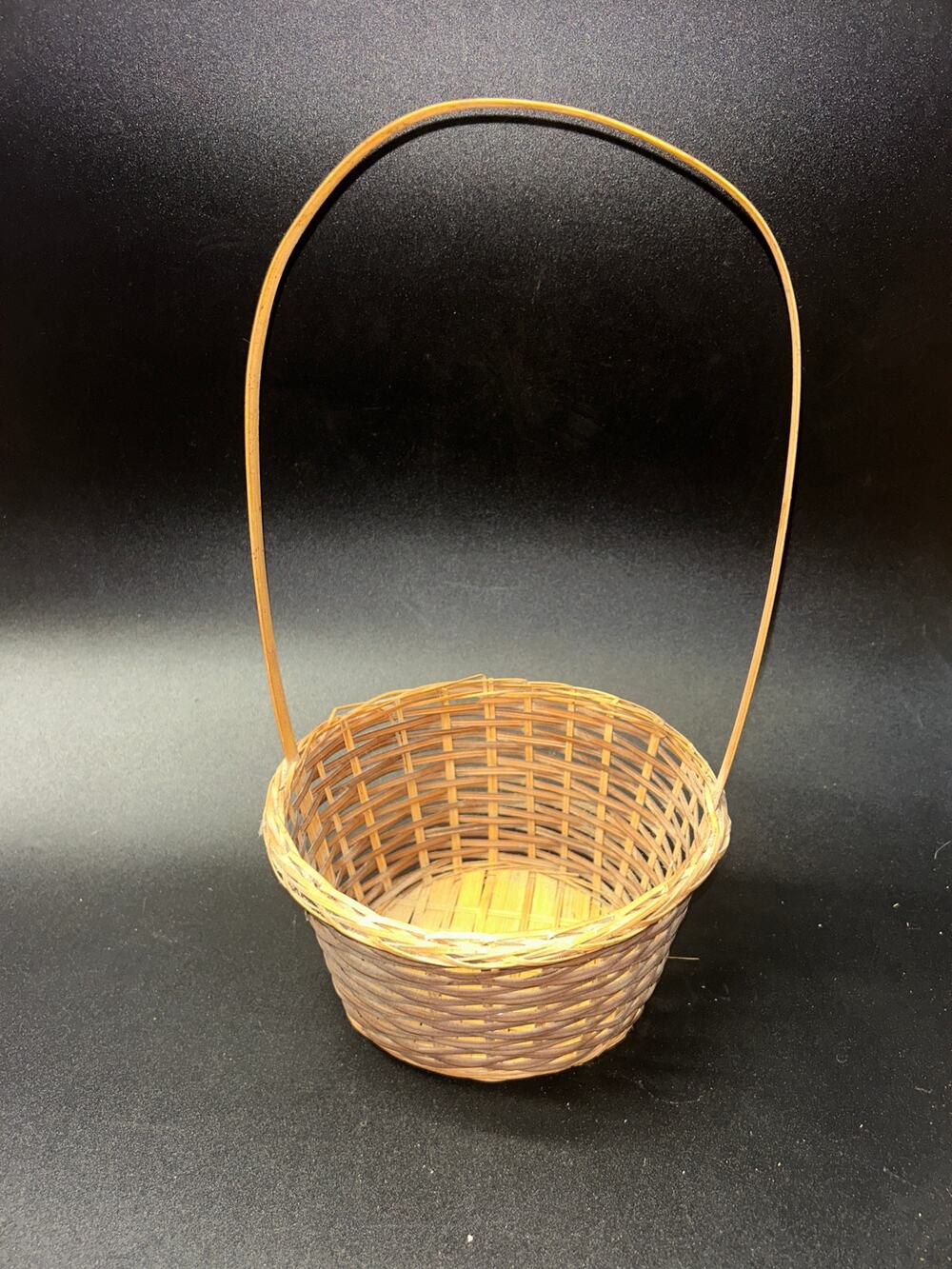Vintage Tan Brown Woven Wicker Tall Handle Basket